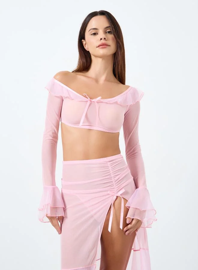Take Two Solid Bow Front Ruffled Mesh Detail Top, Skirt and Brief Set