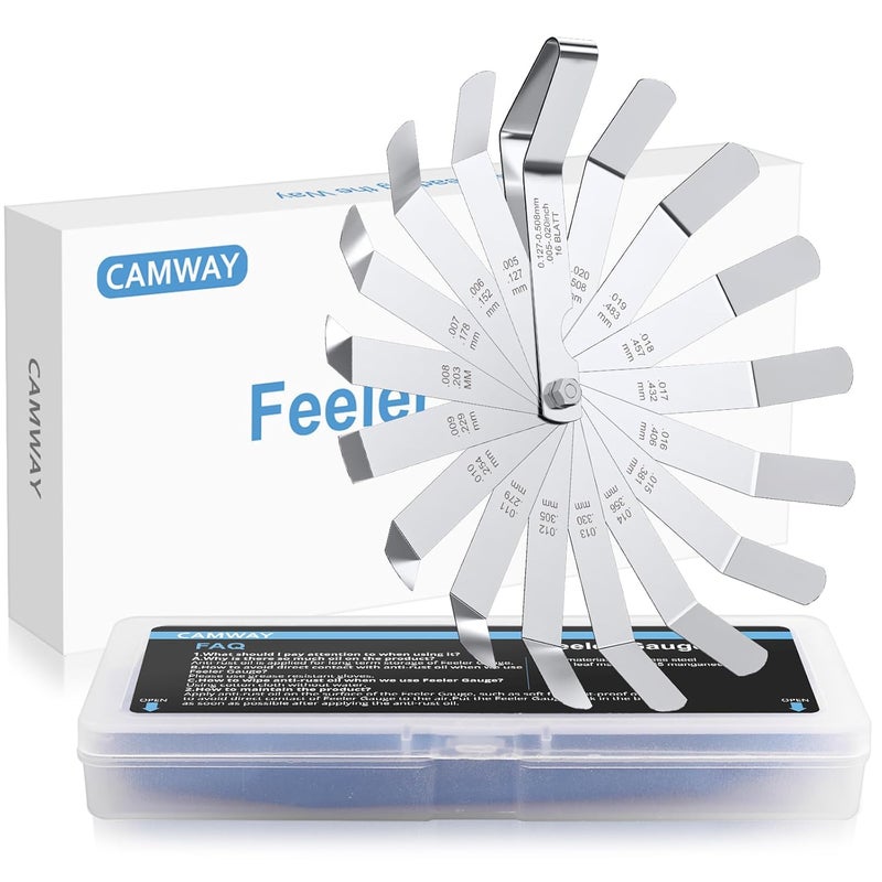 CAMWAY أدوات قياس الزوايا من الفولاذ المقاوم للصدأ - 16 شفرة بزاوية انحراف 45º لقياس الفجوات 0.005-0.020 بوصة / 0.127-0.508 مم، أداة قياس سمك الفجوة للصمامات، شمعات الإشعال، الطابعات، قياس سمك الجيتار - Image 1