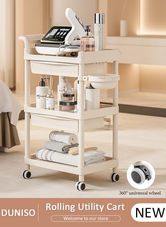 DUNISO 3 Tier Rolling Utility Cart, Beauty Salon Trolley Cart with 2 Drawers, Multipurpose Organizer Trolley for Beauty Salon, SPA, Kitchen, Bedroom, Bathroom, Laundry Room and Garage - Image 1