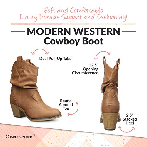 Charles Albert Modern Western Cowboy Boots for Women Ladies Stacked Heel Ankle Cowgirl Boots with Pull-Up Tabs in Cognac Size 9 - Image 5