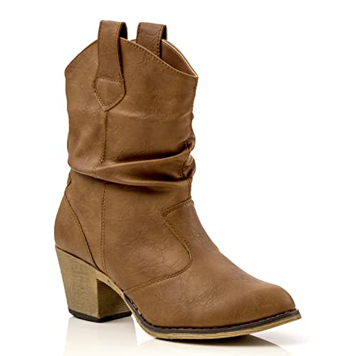 Charles Albert Modern Western Cowboy Boots for Women Ladies Stacked Heel Ankle Cowgirl Boots with Pull-Up Tabs in Cognac Size 9 - Image 1