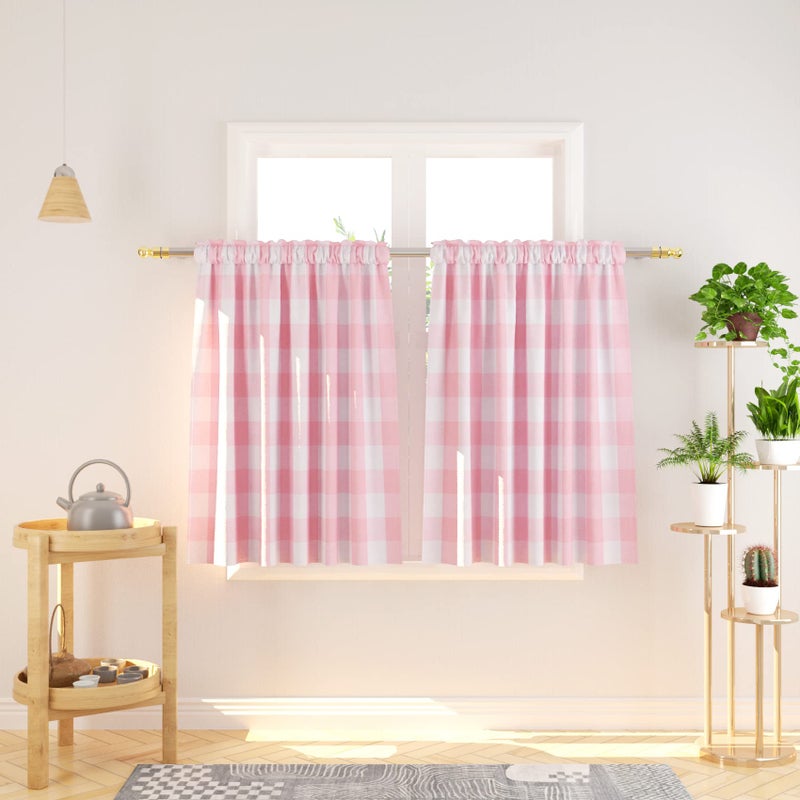 NATUS WEAVER Cafe Curtains 36 inches Long Buffalo Plaid Kitchen Tiers 2 Panels Rod Pocket Gingham Check Short Small Window Curtains Bathroom Pink & White - Image 1