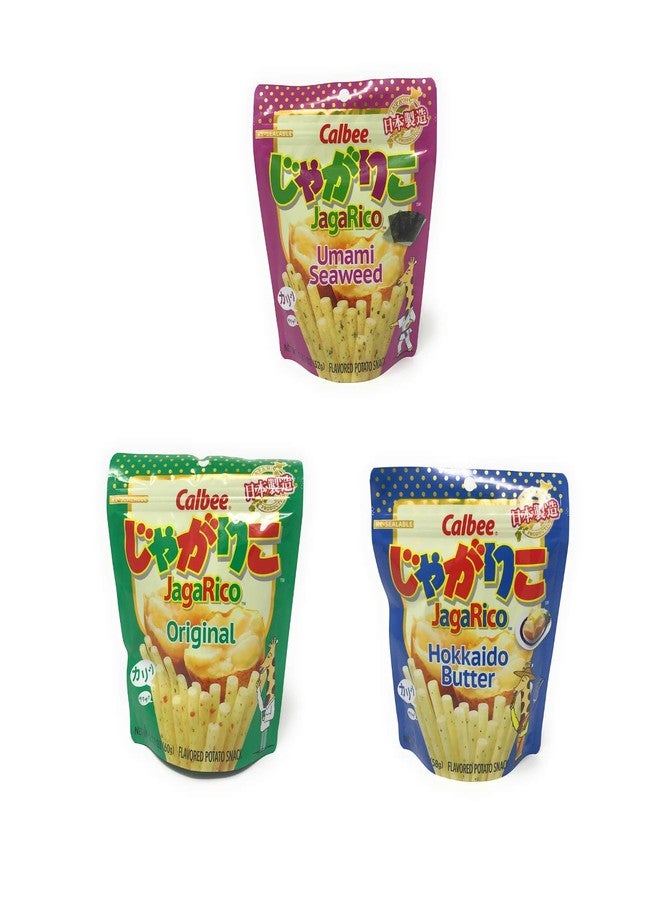 Calbee عصي البطاطس كالبى جاجاريكو: نكهة الأعشاب البحرية أومامي، زبدة هوكايدو والأصلية، عبوة واحدة من كل نكهة، 3 عبوات إجمالاً. - Image 1