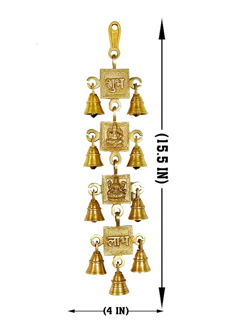 CRAFTHUT Lakshmi, Ganesh, Shubh and Labh Brass Wall Hanging (Gold, 18 x 4 Inch) Decorative Piece for Home, Door Gate, Temple, Entry Gate, Jhumar Piece with Bells. (4 Bell) - Image 2
