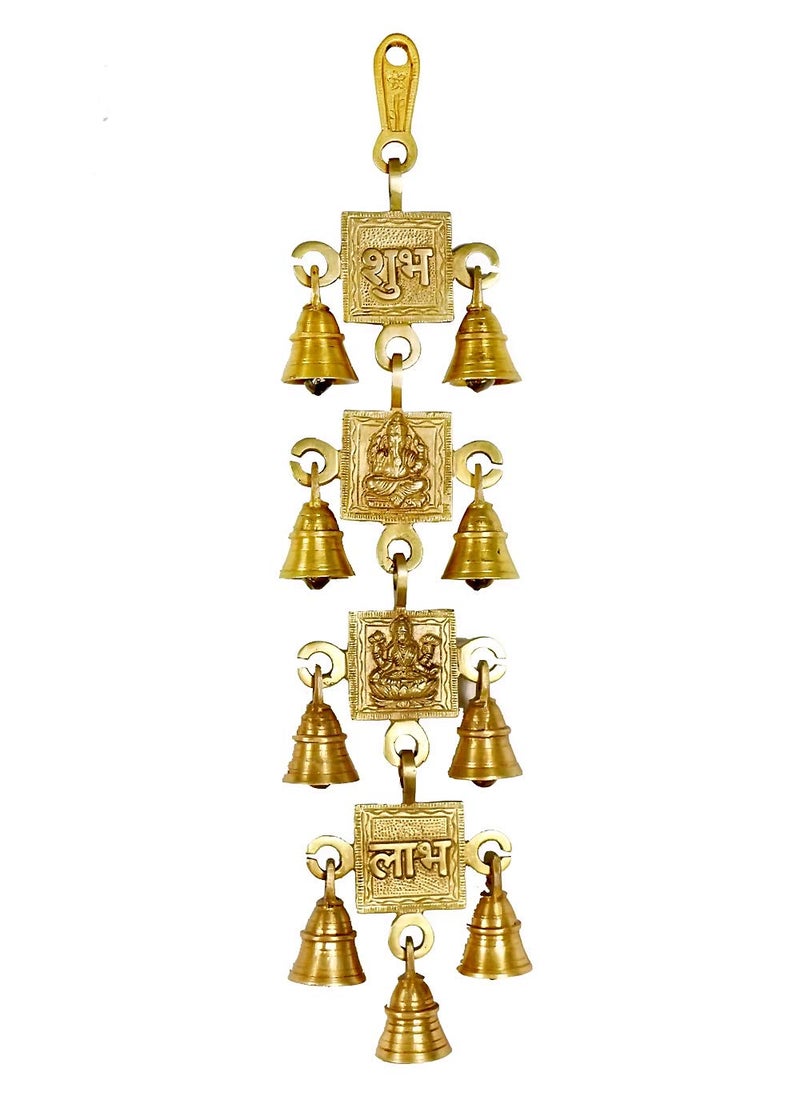 CRAFTHUT Lakshmi, Ganesh, Shubh and Labh Brass Wall Hanging (Gold, 18 x 4 Inch) Decorative Piece for Home, Door Gate, Temple, Entry Gate, Jhumar Piece with Bells. (4 Bell) - Image 1