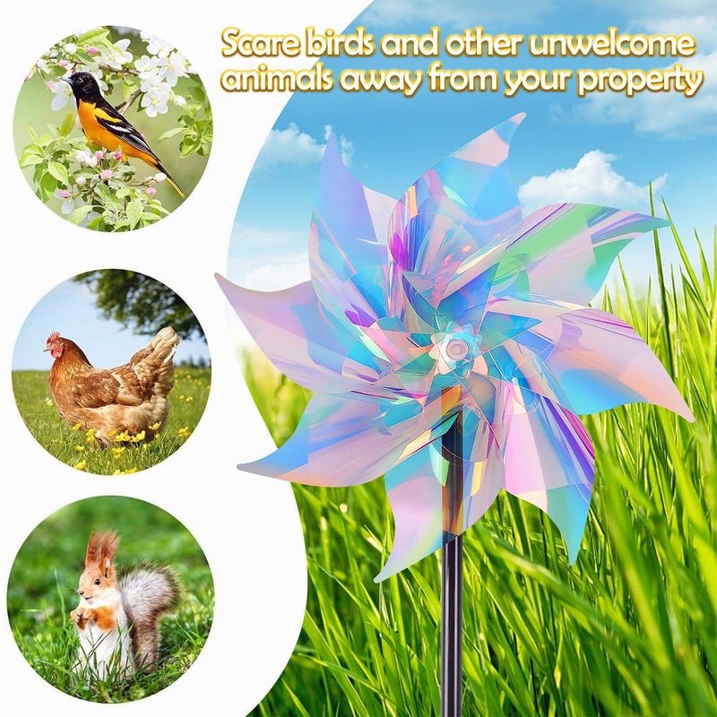 Hausse 10 Pack Reflective Pinwheels Wind Spinner, Extra Sparkly Pinwheel with Stakes, Bird Repellent Blinder Devices Deterrent to Scare Birds Away from Yard Patio Farm Garden, Transparent Rainbow - Image 5