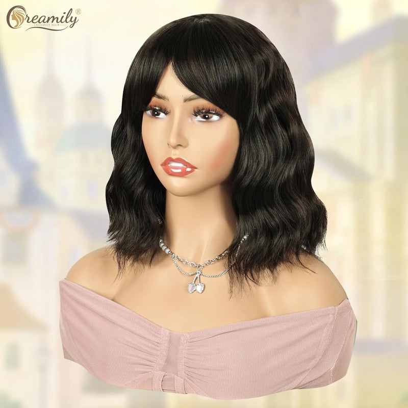 Creamily Short Bob Wavy Hair Wig For WomenShoulder Length Hair Wigs For Girls Full HeadWavy Curly Bob Hair Cut Synthetic Wigs With Bang For Daily Use Diwali Cosplay 14 InchDark Brown - Image 3