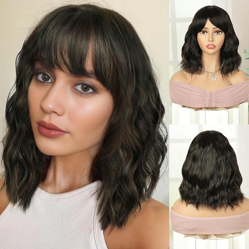 Creamily Short Bob Wavy Hair Wig For WomenShoulder Length Hair Wigs For Girls Full HeadWavy Curly Bob Hair Cut Synthetic Wigs With Bang For Daily Use Diwali Cosplay 14 InchDark Brown - Image 1