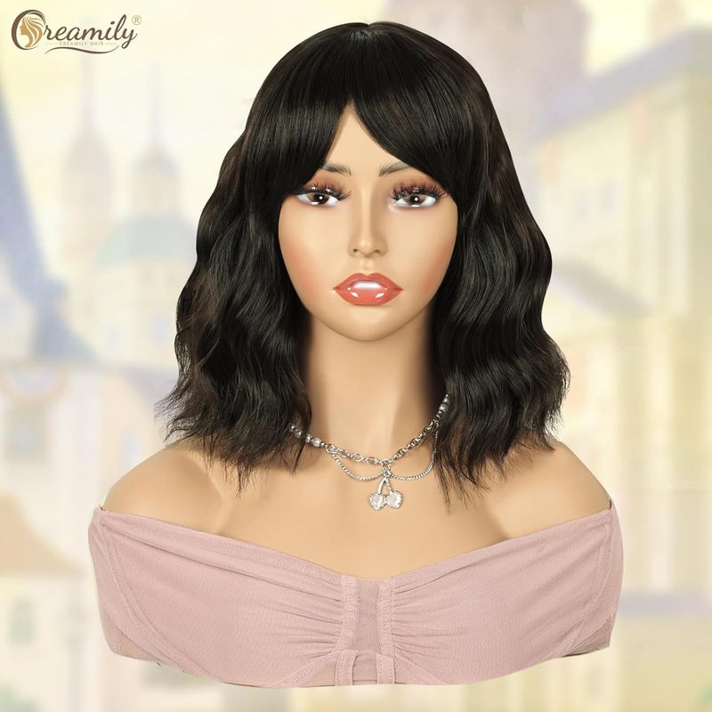 Creamily Short Bob Wavy Hair Wig For WomenShoulder Length Hair Wigs For Girls Full HeadWavy Curly Bob Hair Cut Synthetic Wigs With Bang For Daily Use Diwali Cosplay 14 InchDark Brown - Image 2