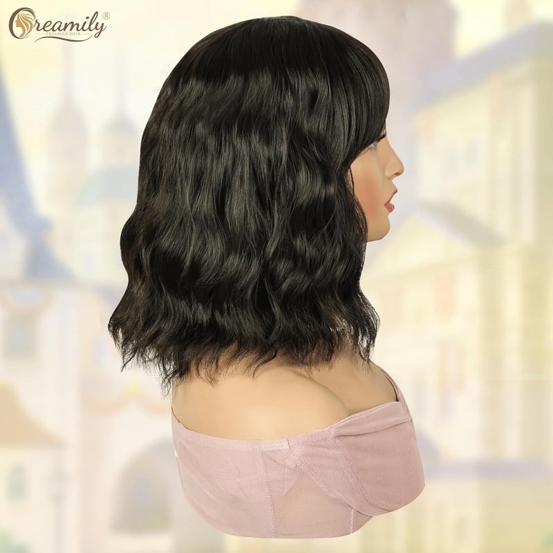 Creamily Short Bob Wavy Hair Wig For WomenShoulder Length Hair Wigs For Girls Full HeadWavy Curly Bob Hair Cut Synthetic Wigs With Bang For Daily Use Diwali Cosplay 14 InchDark Brown - Image 4