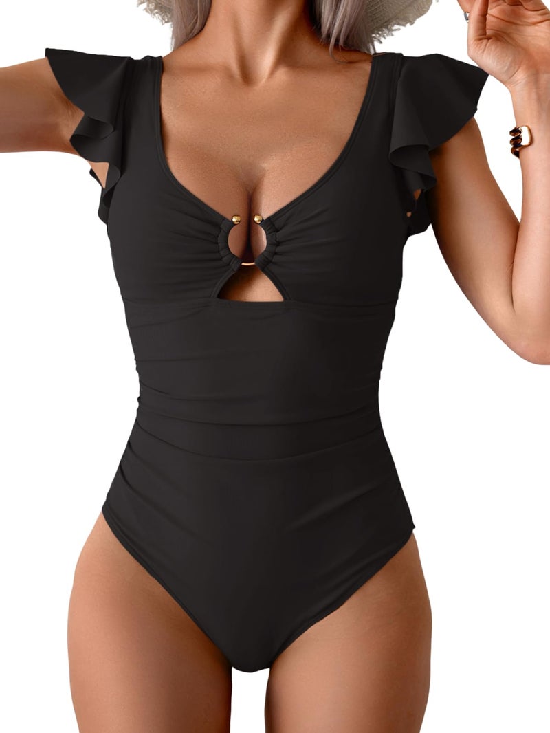 Eomenie Womens Ruffled One Piece Swimsuit Slimming Tummy Control Bathing Suit V-Neck Cutout Swimwear for Resort Wear Black - Image 1