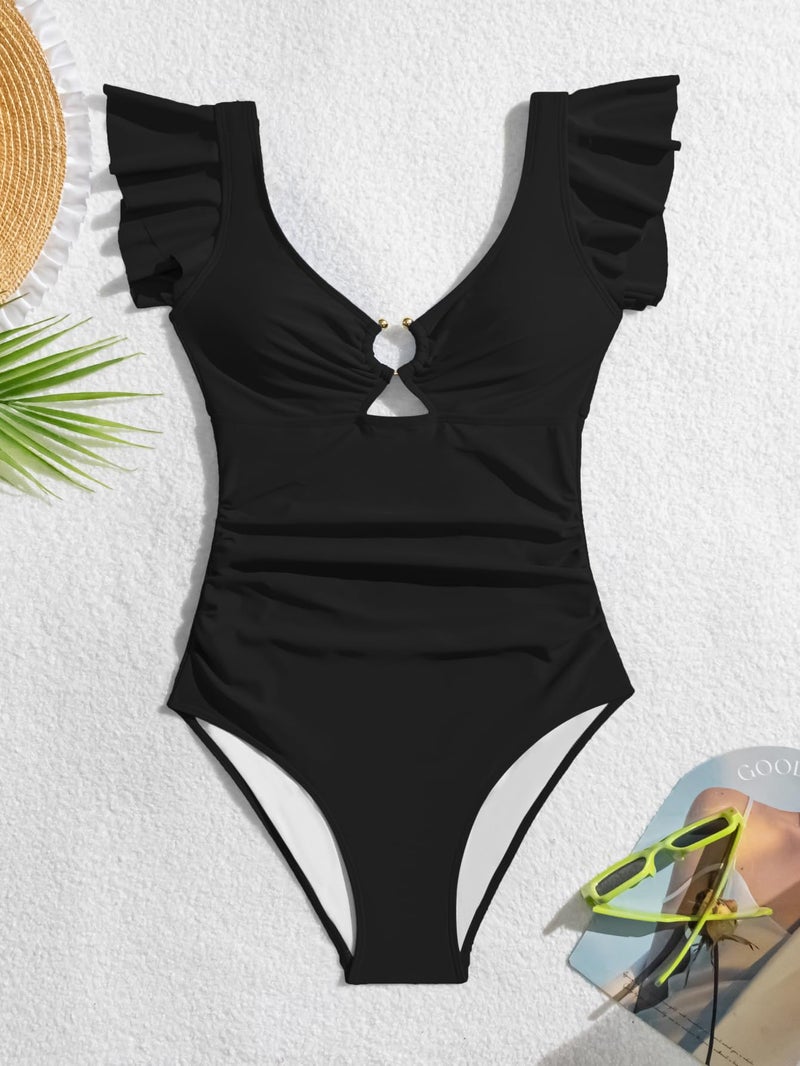 Eomenie Womens Ruffled One Piece Swimsuit Slimming Tummy Control Bathing Suit V-Neck Cutout Swimwear for Resort Wear Black - Image 5