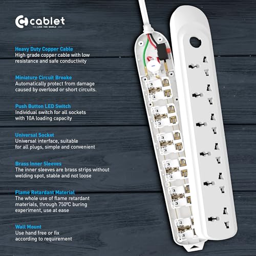 Cablet Extension Board 1500W 6A | 6 Universal Multi Plug Sockets with Surge Protector, Overload Protection, 1.8M Heavy Duty Cord, LED Indicator Master Switch, Spike Guard Power Strip for Home & Office - Image 4