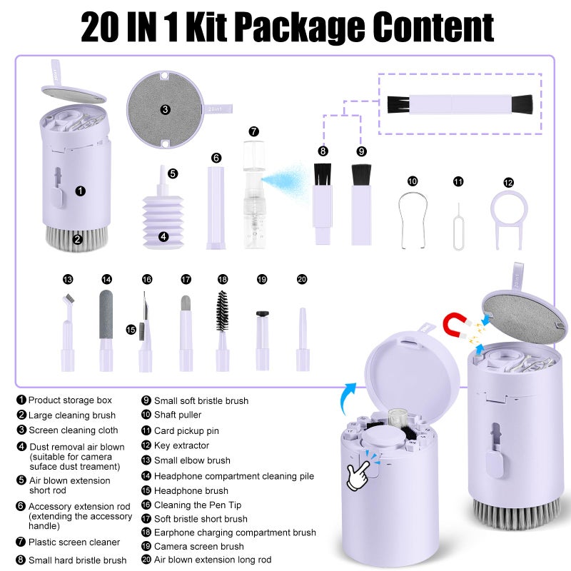 walrfid Laptop Phone Screen Cleaner Kit, Computer Keyboard Brush Cleaning Spray for iPhone AirPods Macbook iPad, 20-in-1 Electronic Device Clean Tool For Camera PC Monitor Earbud TV Tablet Car Screens- Purple - Image 2