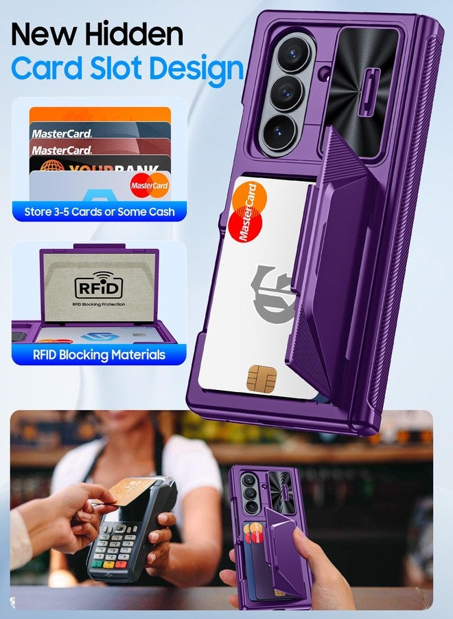 BSNRM for Samsung Galaxy Z Fold 7 Case with Card Holder RFID Blocking, Built in Slide Lens Cover & Hinge Protection & Screen Protector, Shockproof Wallet Case for Z Fold 7 (Purple) - Image 3