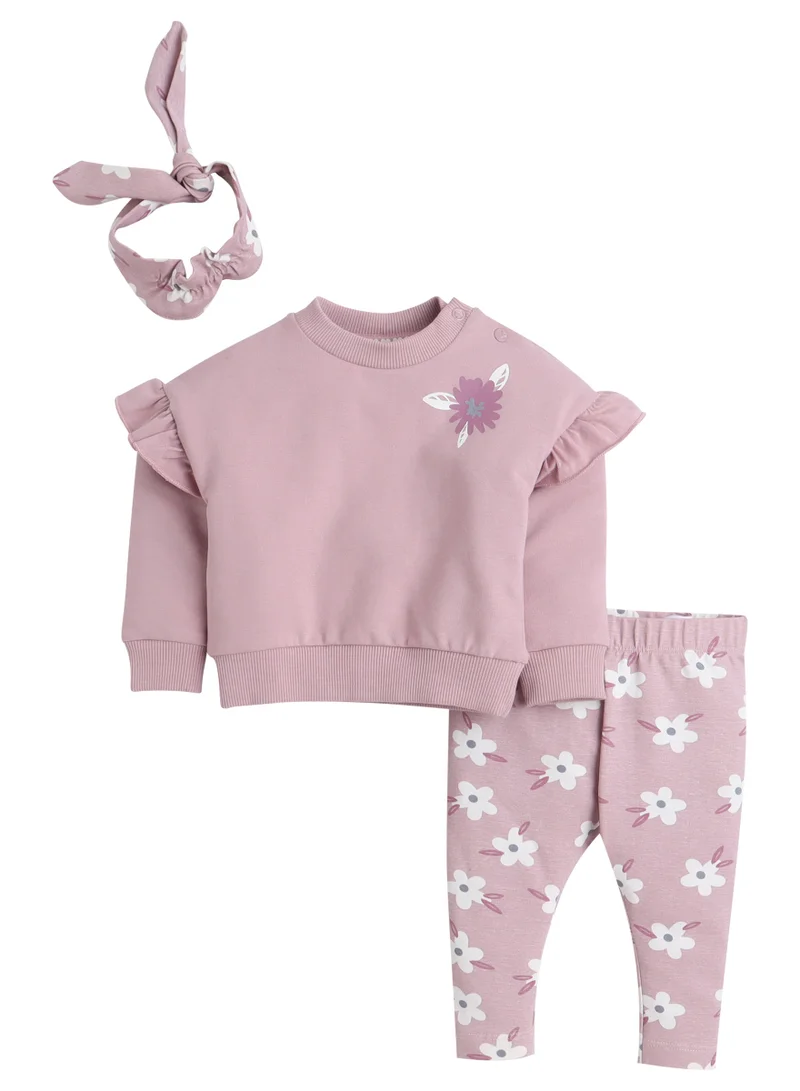 ديركجي Girls Pink Floral Ruffle Fleece 3-Piece Set (12 M-4 Y)