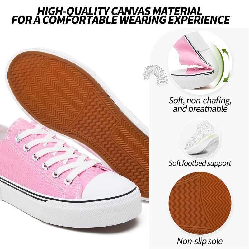 Adokoo Canvas Tennis Shoes for Women Low Top Casual White Bright Pink Sneakers for Women Lace Up Fashion Comfortable Walking Shoes (Bright Pink,7.5) - Image 2