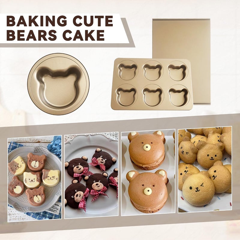 JSJMOFA Bear Shaped Muffin Pans, 6 Cavity English Muffin Pans, Straight Side English Muffin Cupcake Pan with Lid, Non-Stick Madeleine Mold Cake Pan, Mini Muffin for Bear Cake Decoration - Image 5