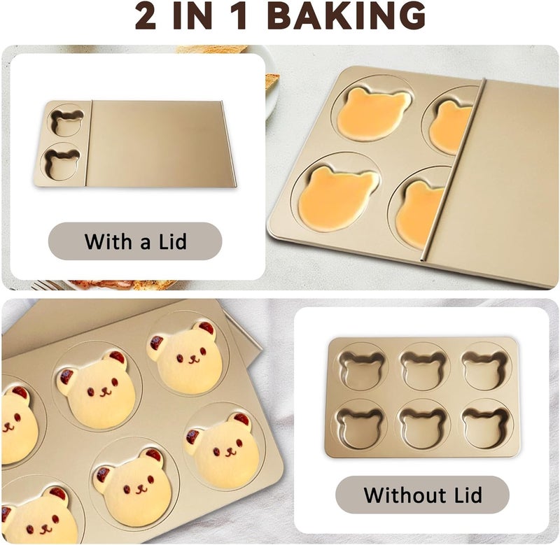 JSJMOFA Bear Shaped Muffin Pans, 6 Cavity English Muffin Pans, Straight Side English Muffin Cupcake Pan with Lid, Non-Stick Madeleine Mold Cake Pan, Mini Muffin for Bear Cake Decoration - Image 4