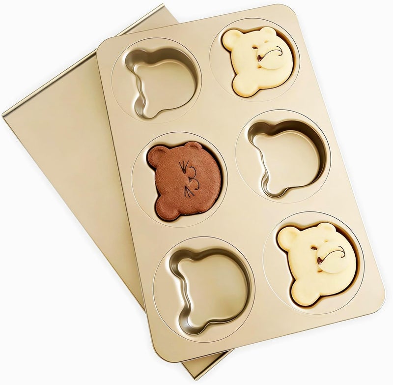 JSJMOFA Bear Shaped Muffin Pans, 6 Cavity English Muffin Pans, Straight Side English Muffin Cupcake Pan with Lid, Non-Stick Madeleine Mold Cake Pan, Mini Muffin for Bear Cake Decoration - Image 1