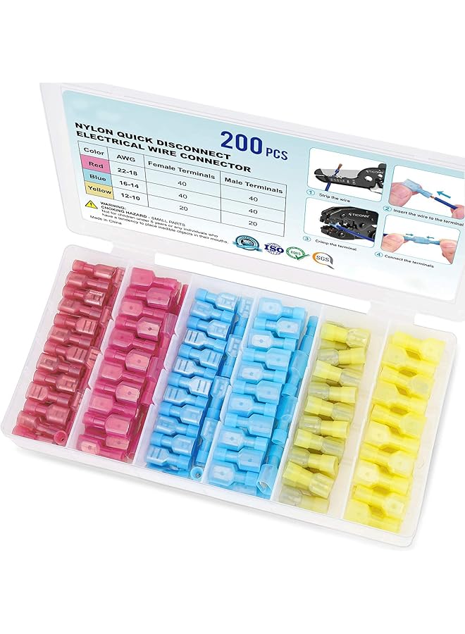 The Bros Nylon Spade Quick Disconnect Connectors Kit, Electrical Insulated Terminals, Male and Female Spade Wire Crimp Terminal Assortment Kit, Resists Corrosion, 3 Colors 200 Pcs - Image 1