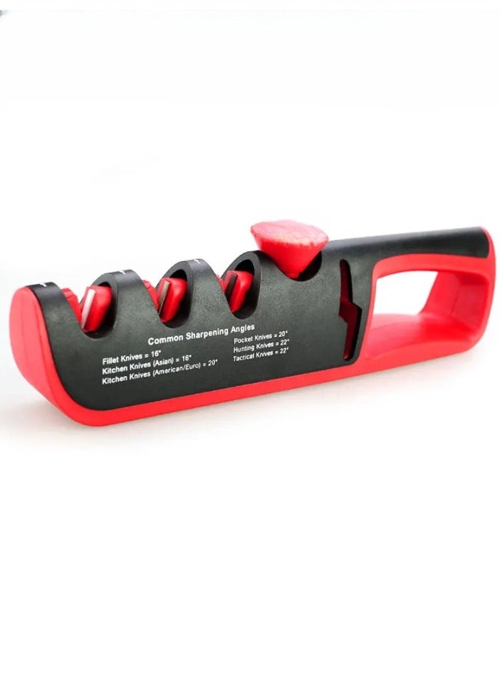 AROAQ - Knife Sharpener, Adjustable Manual 4 Stages Scissors Sharpening Stone, Quick And Safe Knife Angle Sharpener Tool, Anti Slip Easy To Use Kitchen Knives Grinder For All Types Of Knives, (Red) - Image 1