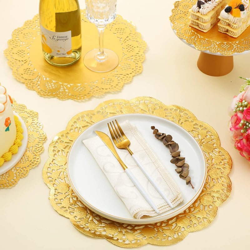 AUTOWRAP 45 inch Gold Doilies Paper Round Lace Disposable Foil Paper Placemats Greaseproof Pad for Christmas Dinner Party Cakes Crafts Weddings Tableware Decor  - Image 2