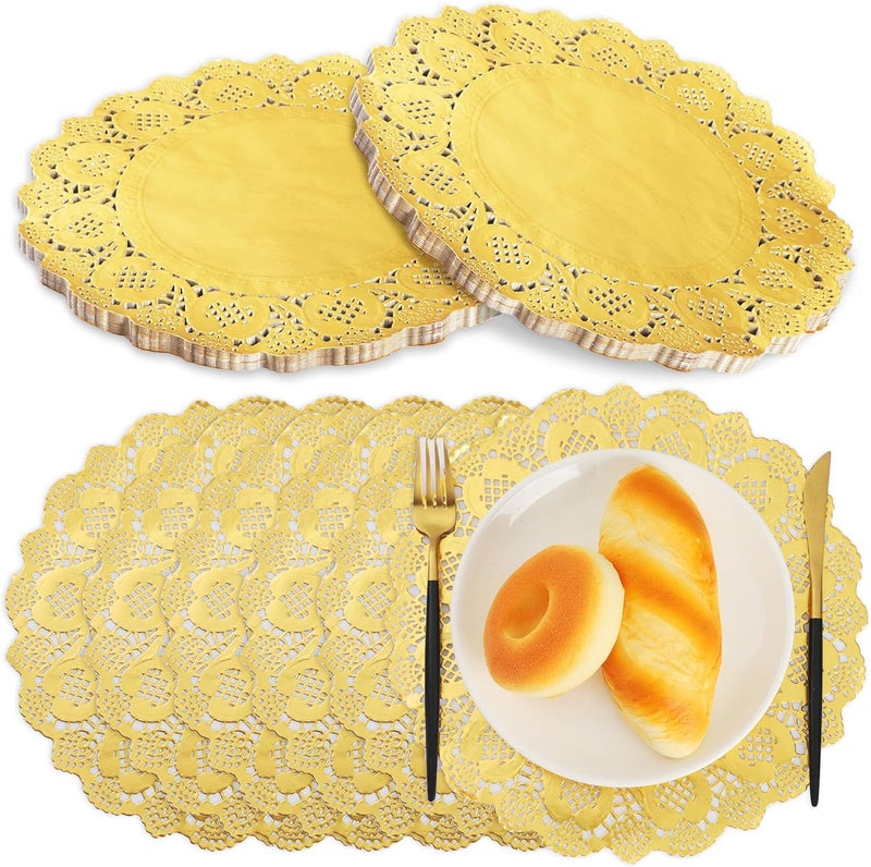 AUTOWRAP 45 inch Gold Doilies Paper Round Lace Disposable Foil Paper Placemats Greaseproof Pad for Christmas Dinner Party Cakes Crafts Weddings Tableware Decor  - Image 1