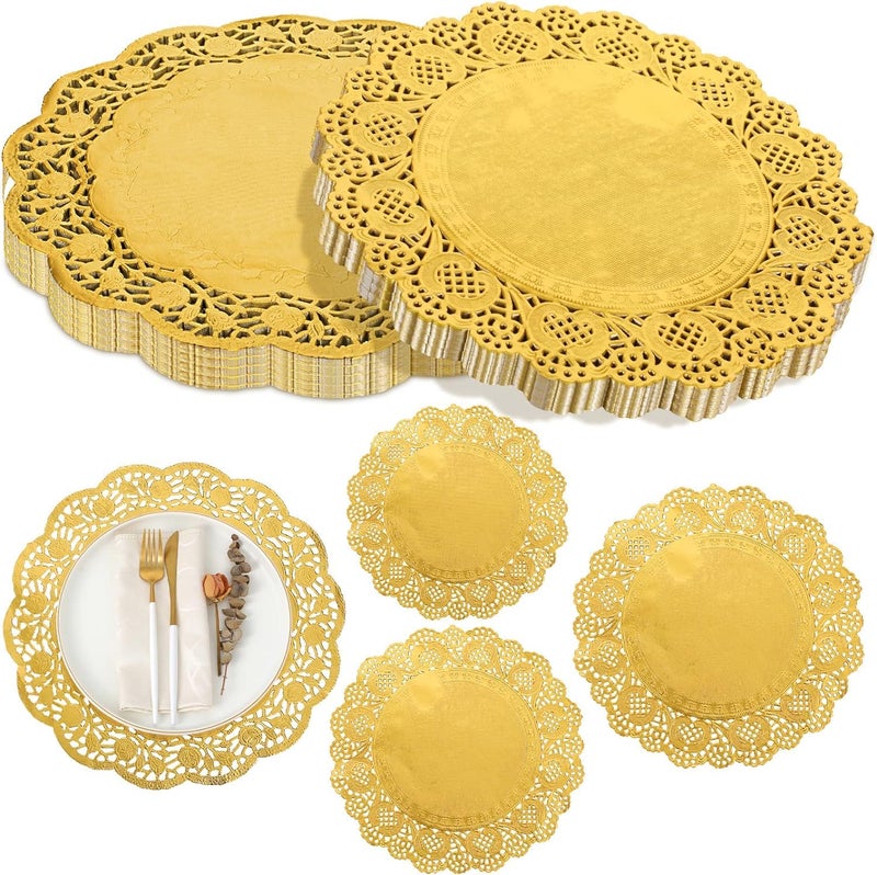 AUTOWRAP 45 inch Gold Doilies Paper Round Lace Disposable Foil Paper Placemats Greaseproof Pad for Christmas Dinner Party Cakes Crafts Weddings Tableware Decor  - Image 3