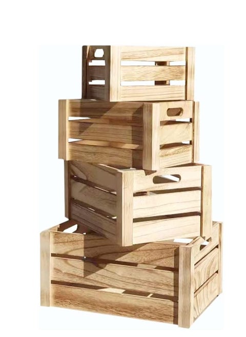 FFD Set of 4 Natural Wooden Storage Crates with Handles Decorative Wood Crate Display Boxes, Small to Extra Large Sizes