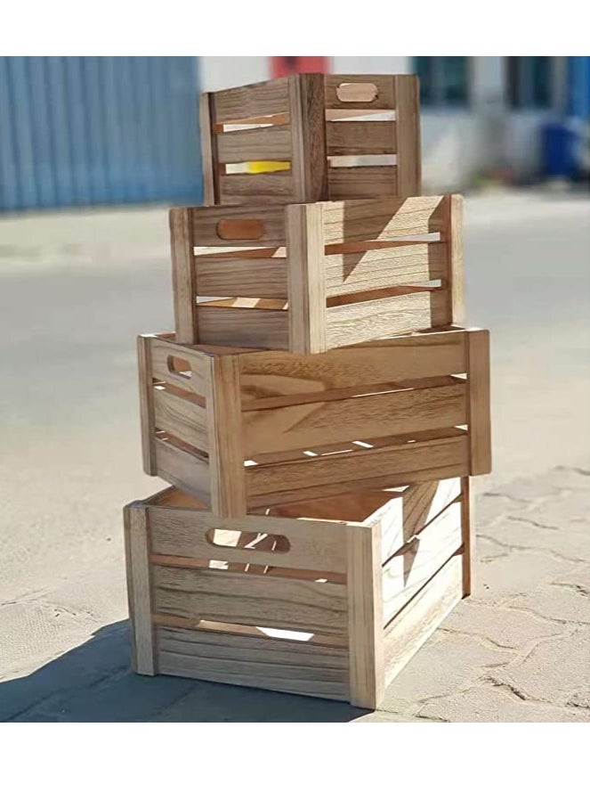 Generic - FFD Set of 4 Natural Wooden Storage Crates with Handles Decorative Wood Crate Display Boxes, Small to Extra Large Sizes - Image 1