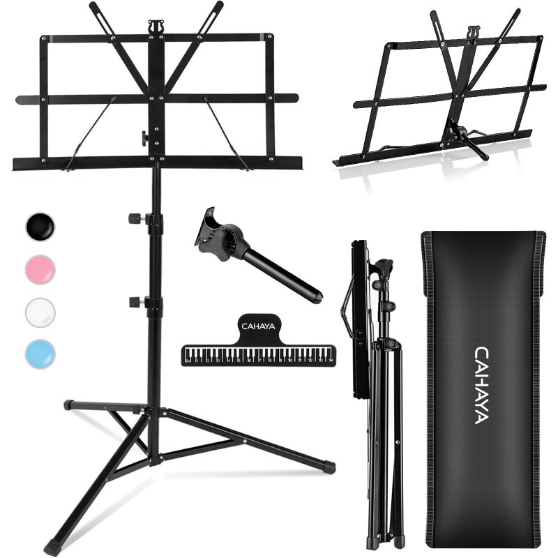 CAHAYA Portable Sheet Music Stand: Dual Use Desktop Book Holder Folding Lightweight Extra Stable Reinforced with Carrying Bag and Clip for Students Musicians Height Adjustable up to 54.3" CMS0204 - Image 1