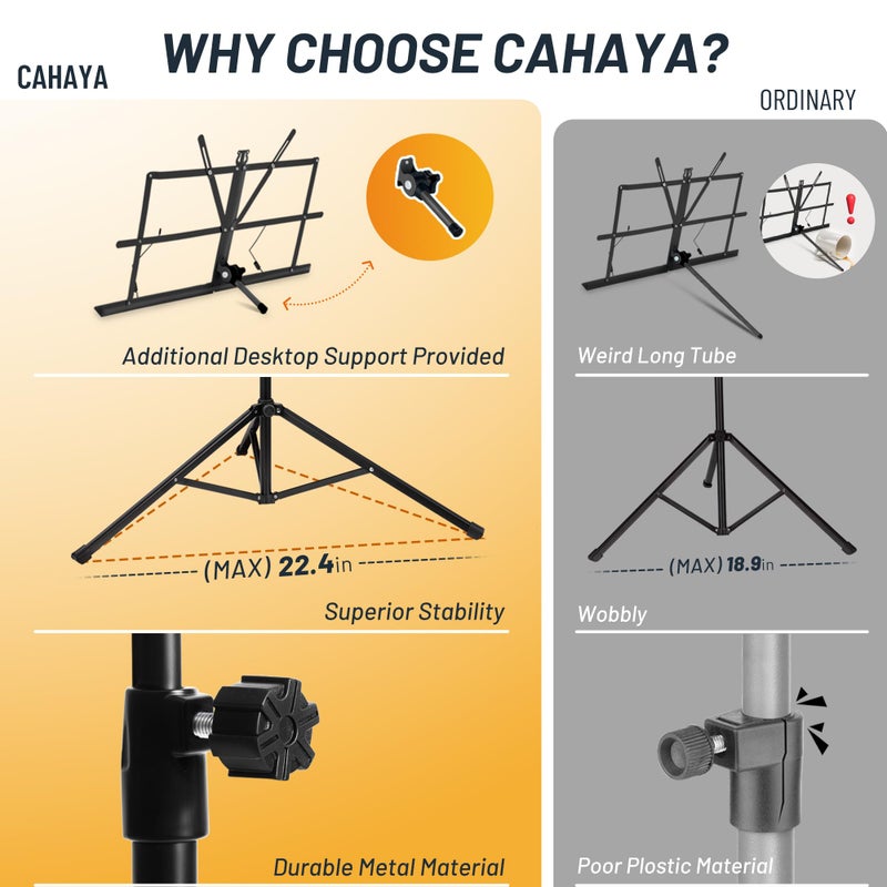 CAHAYA Portable Sheet Music Stand: Dual Use Desktop Book Holder Folding Lightweight Extra Stable Reinforced with Carrying Bag and Clip for Students Musicians Height Adjustable up to 54.3" CMS0204 - Image 3