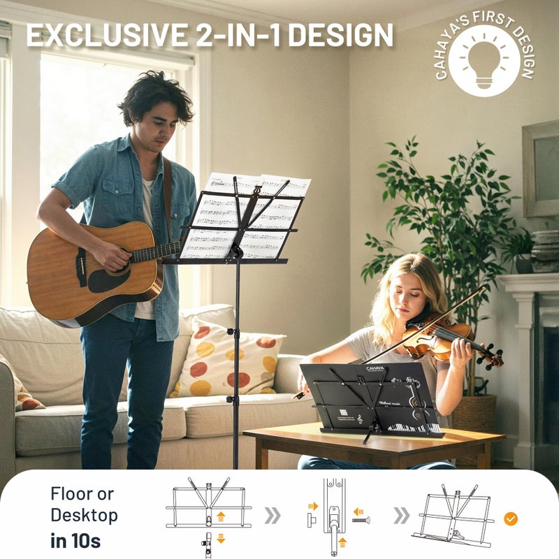 CAHAYA Portable Sheet Music Stand: Dual Use Desktop Book Holder Folding Lightweight Extra Stable Reinforced with Carrying Bag and Clip for Students Musicians Height Adjustable up to 54.3" CMS0204 - Image 2