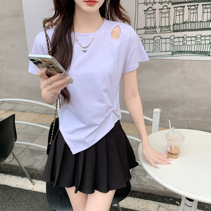 2023 New Summer Thin Short-sleeved Womens Cotton T-shirt Womens Short-sleeved Summer Shoulder Irregular Short Tops QZ#6008# White  - Image 1