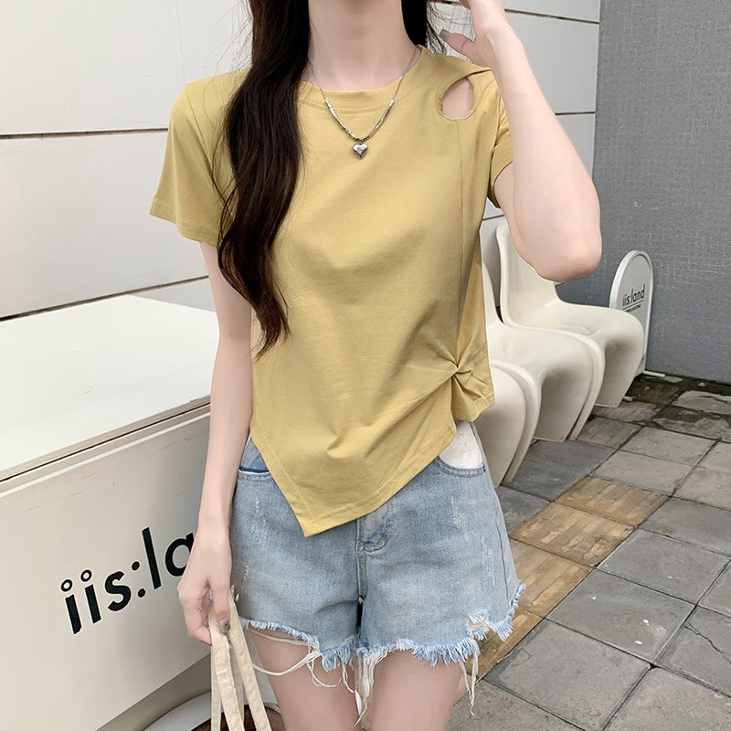 2023 New Summer Thin Short-sleeved Womens Cotton T-shirt Womens Short-sleeved Summer Shoulder Irregular Short Tops QZ#6008# White  - Image 2