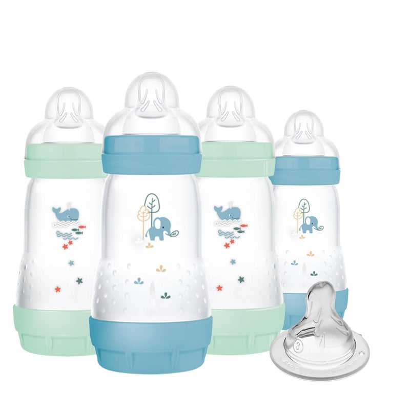 MAM 9oz Easy Start Anti-Colic Baby Bottles, Medium Flow with Bonus Fast Flow Nipple, Breastfeeding-Like Silicone, Reduces Colic and Gas, Easy-to-Clean, BPA-Free, 2 Plus Months - Image 1