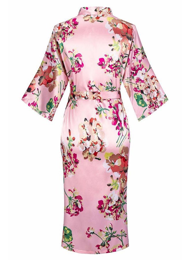 DandyChic Women's Kimono Robes Lightweight Imitation Silk Sleepwear Long Lightweight Nightgown for Women, Pink Flower, S - Image 2