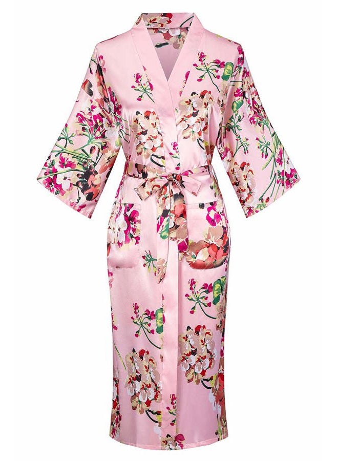DandyChic Women's Kimono Robes Lightweight Imitation Silk Sleepwear Long Lightweight Nightgown for Women, Pink Flower, S - Image 1