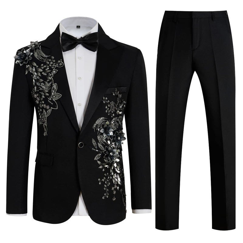 Catheive Mens Suits Slim Fit 2 Piece Floral Tuxedo Suits Blazer Pants with Bow Tie for Wedding Prom - Image 1