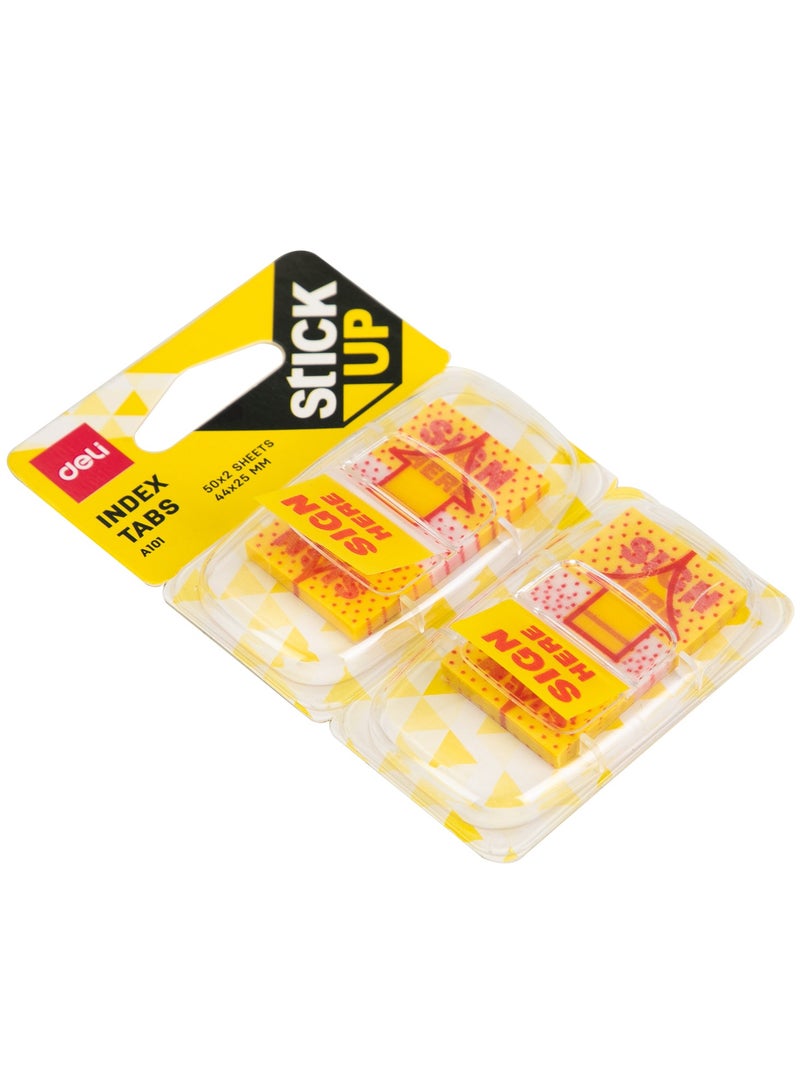 Deli EA10101 STICK UP 'Sign Here' Index Tabs 1 piece, 0.05mm PP Film, 44脳25mm, Yellow & Red, 100 Tabs (2脳50), Repositionable, Writable - Image 2