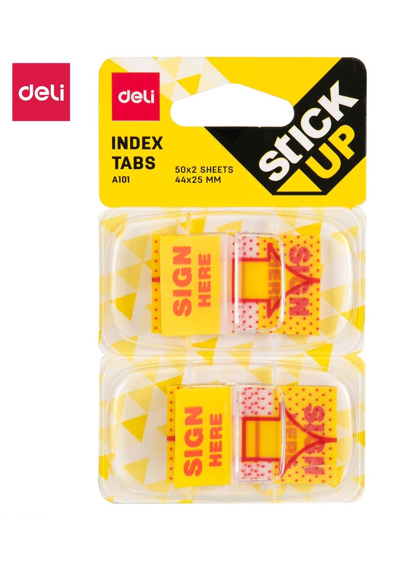 Deli EA10101 STICK UP 'Sign Here' Index Tabs 1 piece, 0.05mm PP Film, 44脳25mm, Yellow & Red, 100 Tabs (2脳50), Repositionable, Writable - Image 1