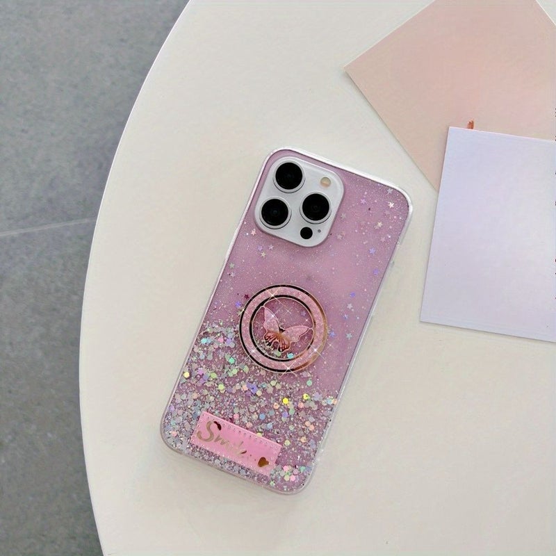 Pink Starry Sky Glitter Circle erfly Phone Case for iPhone 14 Pro Max - Image 1