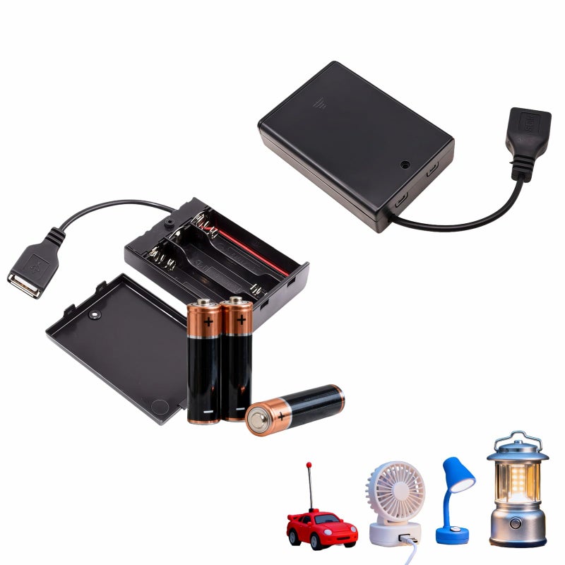 RyanDesign 2-Pack 3 AA Battery Holder with USB Cable & On/Off Switch - 4.5V-5V Output, Secure Cover, Flame Retardant Material - for LED Strips, Toys, Motors & Emergency Power Supply - Image 1