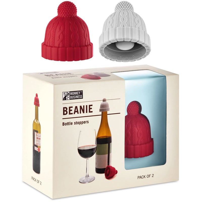 Monkey Business Beanie Cap Decorative Silicone Bottle Stopper in a Gift Box Set of Two Novelty Cork Beverage and Wine Keeper Champagne Bottle stoppers Red  Grey