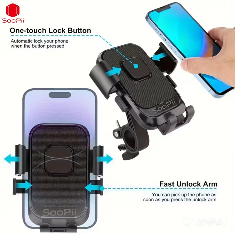 SOOPII Universal Bike Mobile Holder with One Click Locking | Anti-Slip and Adjustable Angle for Motorcycles, Bicycles, E-Bikes,Scooters,Shockproof & Heavy-Duty Handlebar Mount for All Smartphones - Image 2