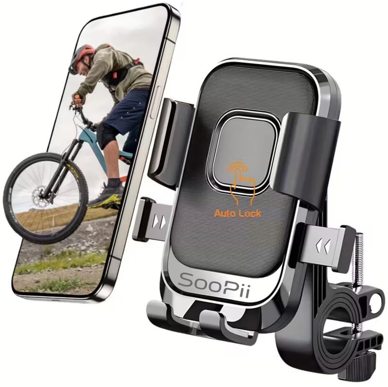 SOOPII Universal Bike Mobile Holder with One Click Locking | Anti-Slip and Adjustable Angle for Motorcycles, Bicycles, E-Bikes,Scooters,Shockproof & Heavy-Duty Handlebar Mount for All Smartphones - Image 1