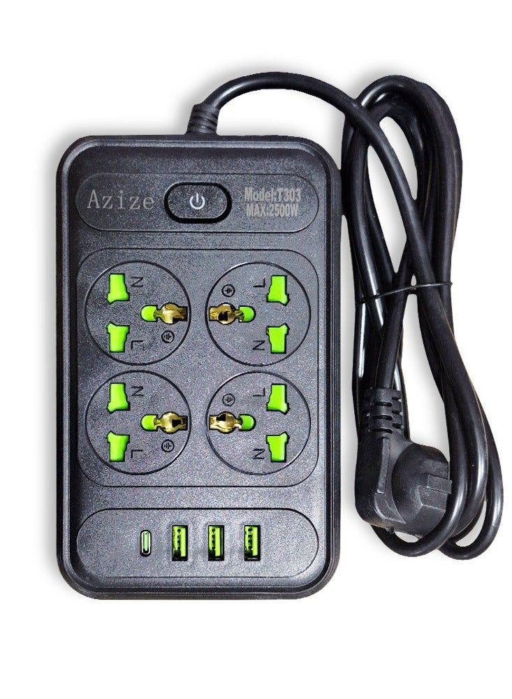 T303 Smart Power Strip – Multi-Outlet with Surge Protection – 4 2500W Power Outlets, 3 USB Ports, and a Type-C Port for Fast Charging – Safe and Modern Design in Black – Ideal for Office, Home, and Electronics  - Image 1