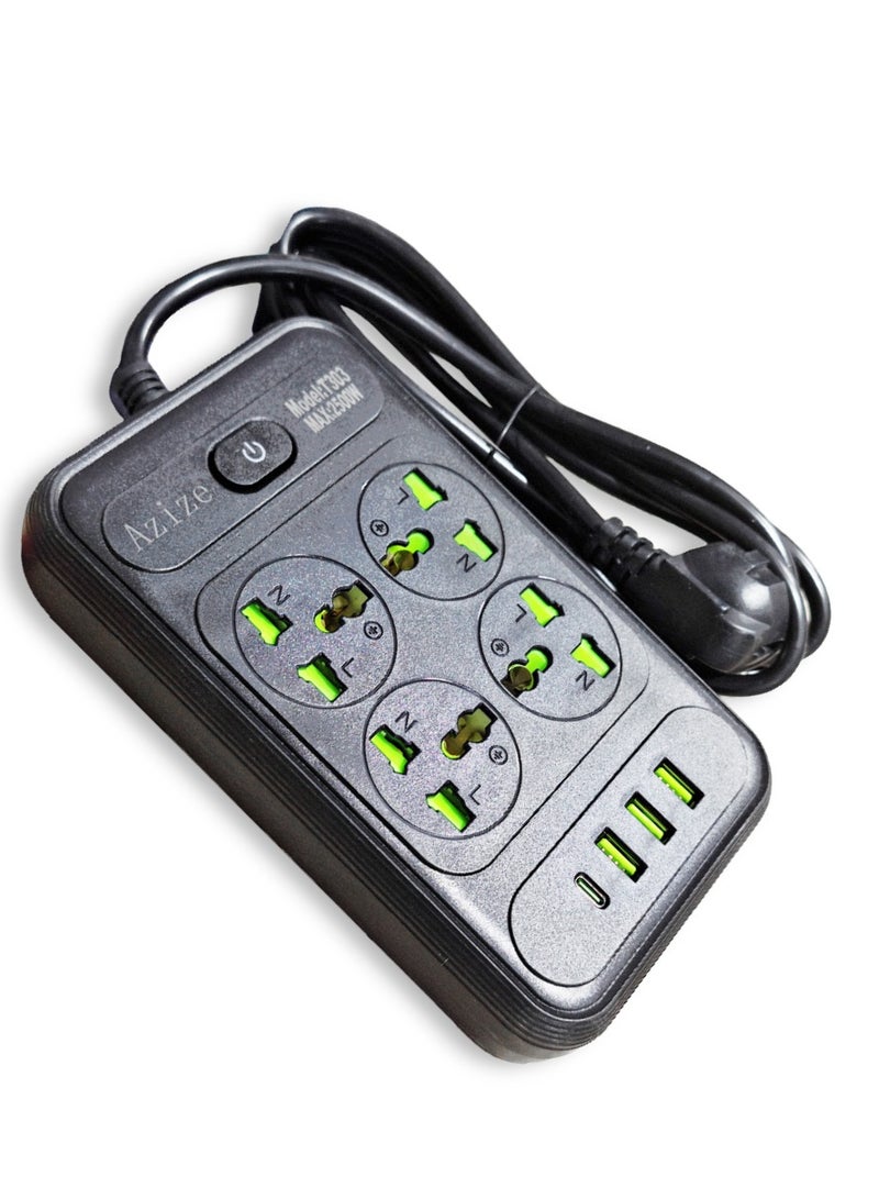 T303 Smart Power Strip – Multi-Outlet with Surge Protection – 4 2500W Power Outlets, 3 USB Ports, and a Type-C Port for Fast Charging – Safe and Modern Design in Black – Ideal for Office, Home, and Electronics  - Image 2