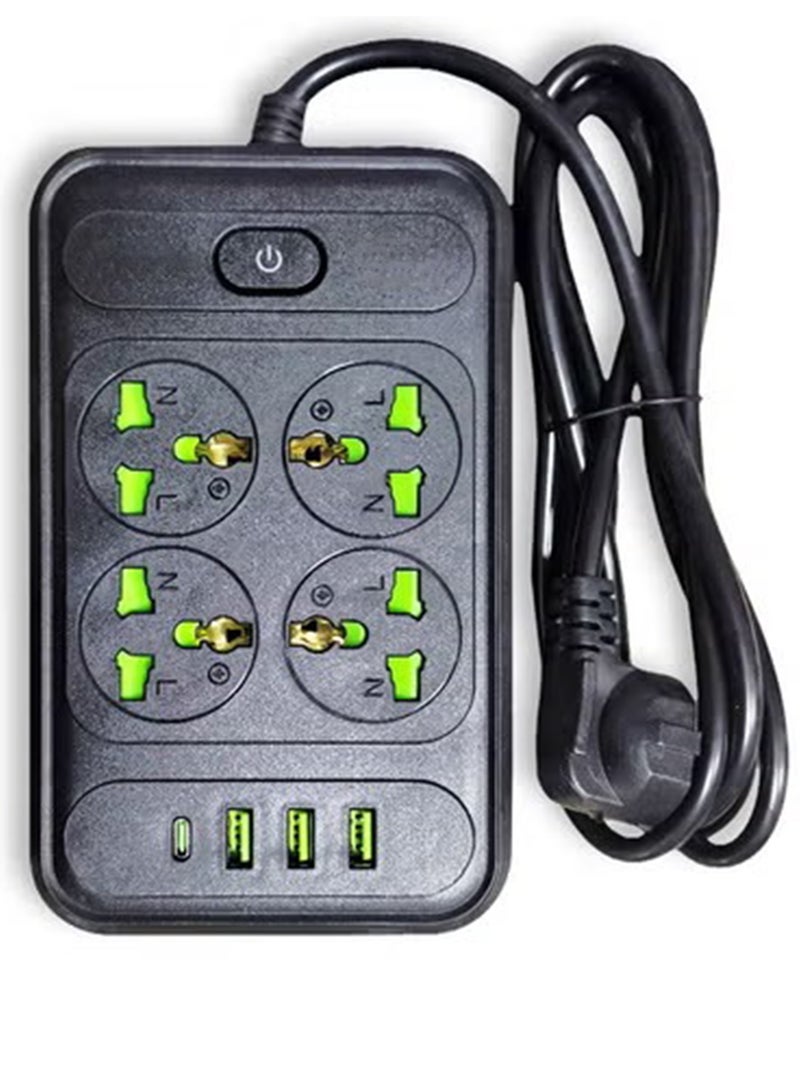 شريط طاقة ذكي T303 - متعدد المنافذ مع حماية من زيادة التيار - 4 منافذ طاقة 2500 واط، 3 منافذ USB، ومنفذ Type-C للشحن السريع - تصميم آمن وعصري باللون الأسود - مثالي للمكتب والمنزل والإلكترونيات - Image 1